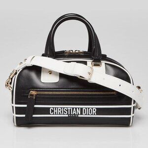 Christian Dior Black/White Leather Small Vibe Zip Bowling Bag